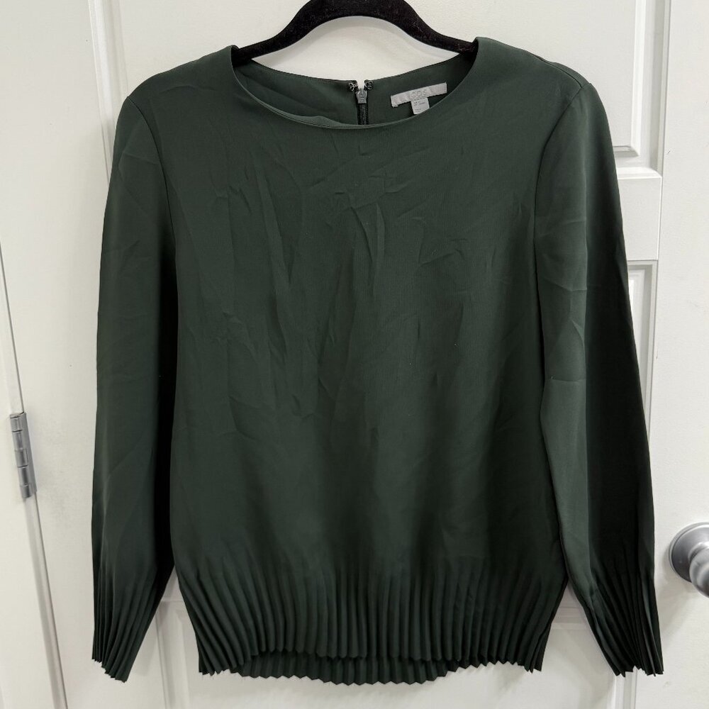 COS Olive Green Pleated Long Sleeve‎ Crew Neck Blouse Size XS